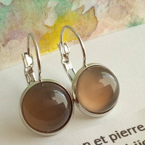 Quartz fumé,boucles oreilles dormeuses argente rhodie, cabochons ronds, pierre fine,gris marron,cadeau fete noel anniversaire, boho bob