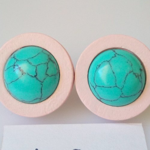 Turquoise, clous oreilles en bois rose avec tige acier chirurgical et cabochons ronds12mm,pierre precieuse,cadeau fete anniversaire noel