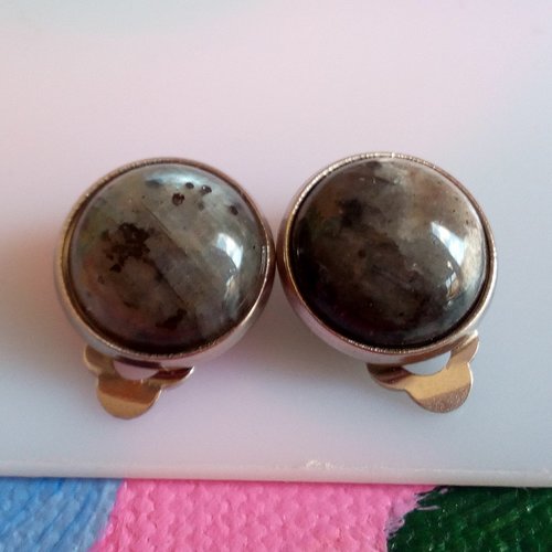 Larvikite, clips oreilles argente rhodie avec cabochons ronds , pierre , quartz, magma norvégien,cadeau fete anniversaire noel