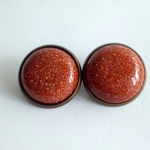 Pierre de soleil, clips oreilles laiton bronze avec cabochons ronds 16mm,cadeau fete anniversaire noel,fait mains en france