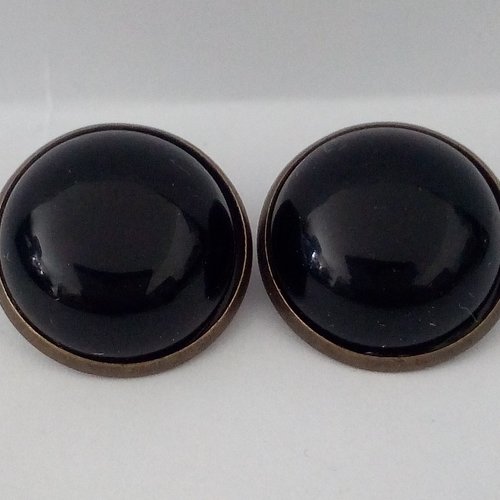 Onyx noire, clips oreilles laiton bronze avec cabochons ronds 16mm,pierre precieuse,cadeau fete anniversaire noel, fait mains en france
