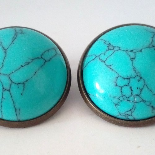 Turquoise, clips oreilles laiton bronze avec cabochons ronds 16mm,pierre precieuse bleu,cadeau fete anniversaire noel, fait mains