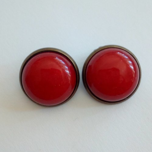 Quartz rouge,clips oreilles non percees en laiton bronze avec cabochons ronds 16mm,pierre fine,fait mains en france