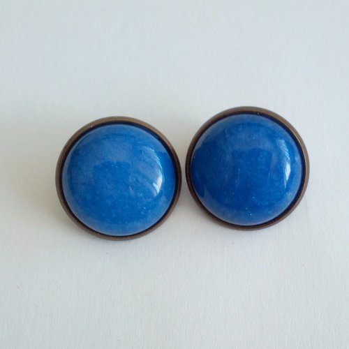 Quartz bleu,clips oreilles non percees en laiton bronze avec cabochons ronds 16mm,pierre fine,fait mains en france