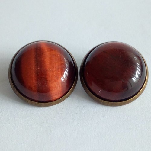 Oeil de taureau,clips oreilles non percees en laiton bronze avec cabochons ronds 16mm,quartz pierre fine, marron