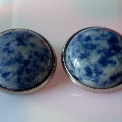 Sodalite, clips oreilles acier inoxydable avec cabochon rond 20mm, pierre precieuse bleue,fait mains en france,cadeau fete anniv