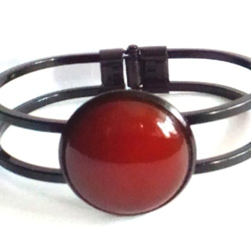 Cornaline, bracelet manchette laiton noir avec gros cabochon en quartz pierre fine,rouge oranger,dia 25mm,fermoir articule,femme homme unis