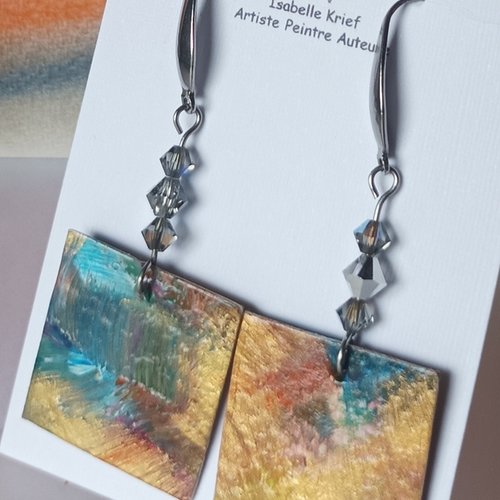 Peinture art abstrait,boucles oreilles perles cristal et pendentif carré, bleu orange or argent,fermoirs acier chirurgical, cadeau fete