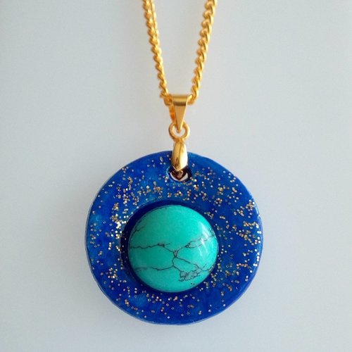 Pendentif argile avec turquoise, pierre precieuse bleue,chaîne plaque or 18k,fait mains en france,cadeau pour elle, fete anniversaire noel