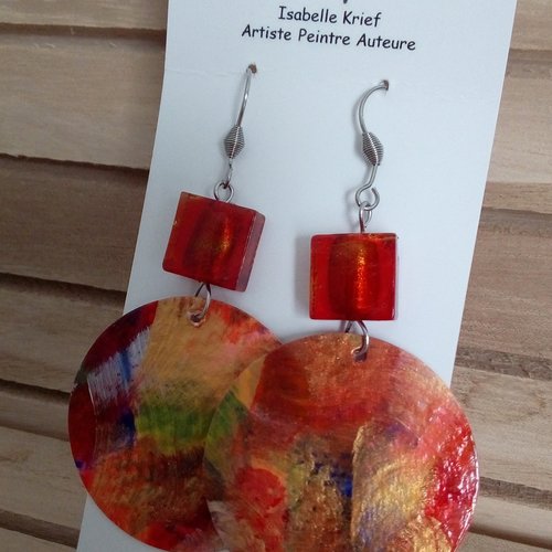 Boucles d oreilles rondes avec perles de verre carré, ton rouge orange or, crochet acier chirurgical,bijou peint,cadeau pour elle, fete an