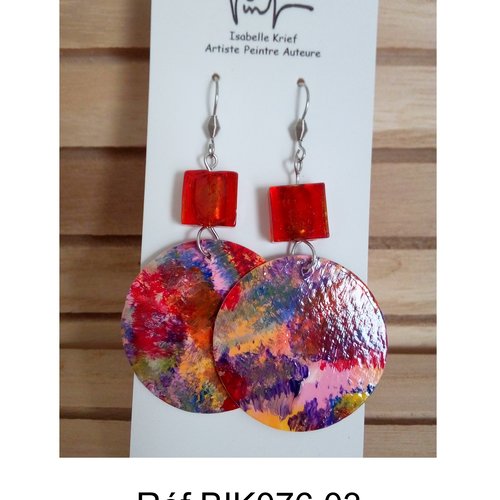 Boucles d oreilles rondes avec perles de verre carrées, bijou peint à la main,rouge rose orange violet,fait mains en france
