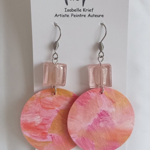 Boucles oreilles crochets acier chirurgical avec perles de verre carrées et pendentifs ronds, bijou peint a la main, cadeau fete noel
