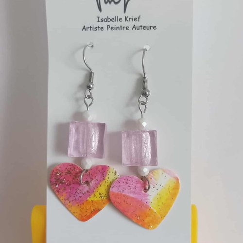 Boucles oreilles pendantes, coeur et perles carrées en verre rose orange jaune,bijou peint,crochets acier,cadeau fete noel