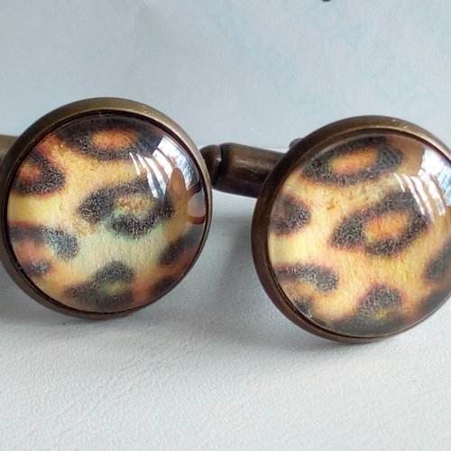 Boutons de manchettes,laiton avec cabochons en verre rond,imprime leopard,accessoire costume ceremonie,cadeau homme