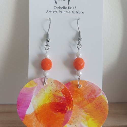 Boucles d'oreilles pendantes, pendentif rond avec perles facettes en verre de bohème, rose orange jaune blanc or, bijou peint à la main