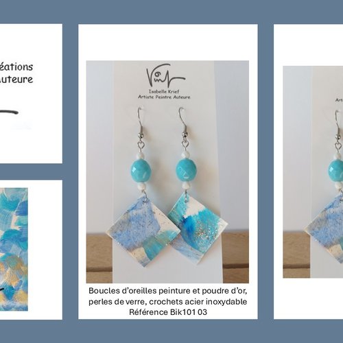 Boucles oreilles pendantes avec perles de verre et pendentif carré,peinture bleu blanc or ,crochet en acier, cadeau fete noel