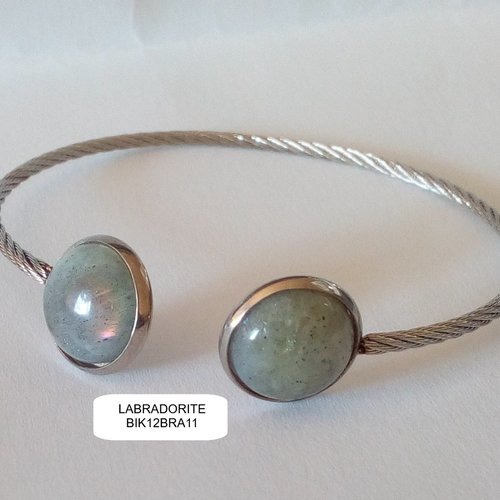 Bracelet jonc labradorite pierre fine, acier inoxydable,2 cabochons ronds,fait mains en france,cadeau fete anniversaire noel
