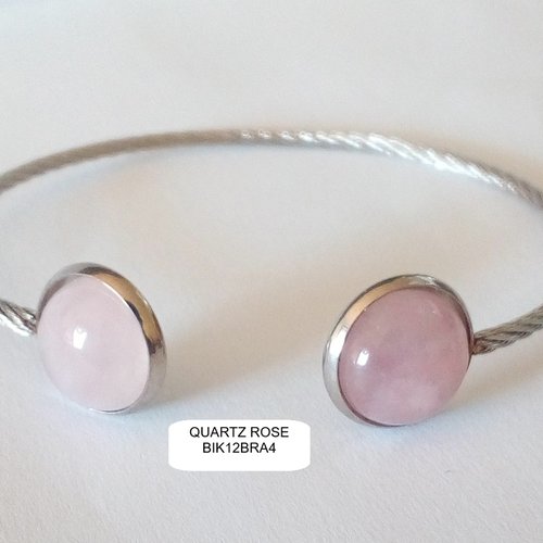 Bracelet jonc quartz rose pierre fine, acier inoxydable avec 2 cabochons ronds,fait mains en france,cadeau fete anniversaire noel