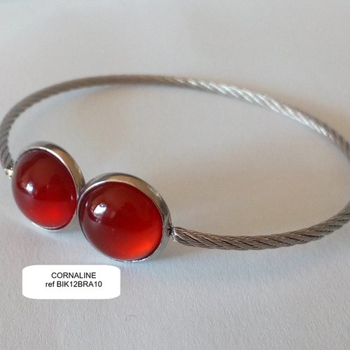 Bracelet jonc cornaline pierre fine, acier inoxydable avec 2 cabochons ronds 12mm,fait mains en france,cadeau fete anniversaire noel