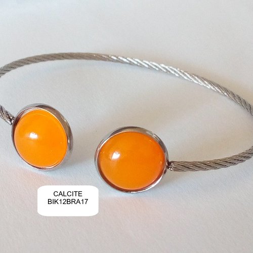 Bracelet jonc calcite orange pierre fine, acier inoxydable, 2 cabochons ronds,fait mains en france,cadeau fete anniversaire noel