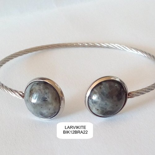 Bracelet jonc larvikite quartz gris noir, acier inoxydable argente avec 2 cabochons ronds,fait mains en france,cadeau fete anniversaire noel