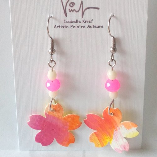 Boucles oreilles fleurs de lotus,perles de verre tchèque,crochet acier inoxydable, bijou peint a la main,cadeau fete anniversaire noel