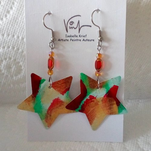 Boucles oreilles pendantes,étoiles, cristal et, perles de verre boho tcheque,bijou peint,cadeau fete anniversaire,fait mains en france