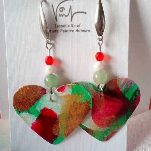 Boucles oreilles pendantes coeurs, aventurine verte, perles verre tchèque,bijou peint,cadeau fete anniversaire