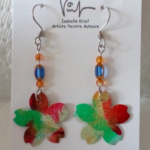Boucles oreilles pendantes, fleur de lotus,perles de verre et cristal tcheque,bijou peint,cadeau fete anniversaire,fait mains en france