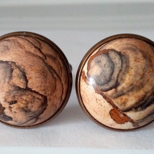 Boutons de manchettes laiton bronze avec cabochons ronds jaspe paysage, pierre gemme beige marron,accessoire ceremonie costume homme unisex
