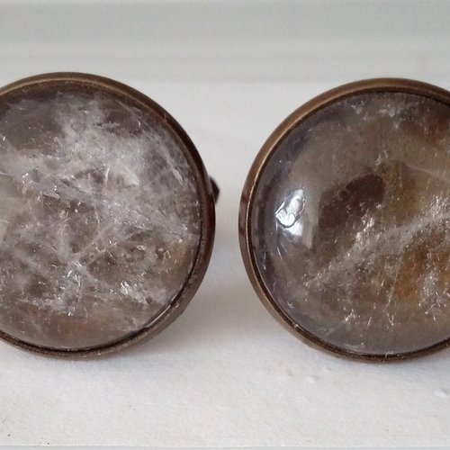 Boutons de manchettes laiton bronze avec cabochons ronds cristal de roche, pierre fine quartz transparent,accessoire ceremonie costume homme