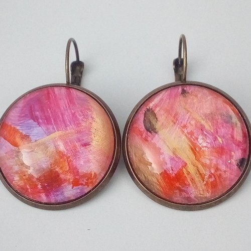 Boucles oreilles dormeuses laiton bronze avec cabochons en verre rond, peinture originale art abstrait,fait mains en france
