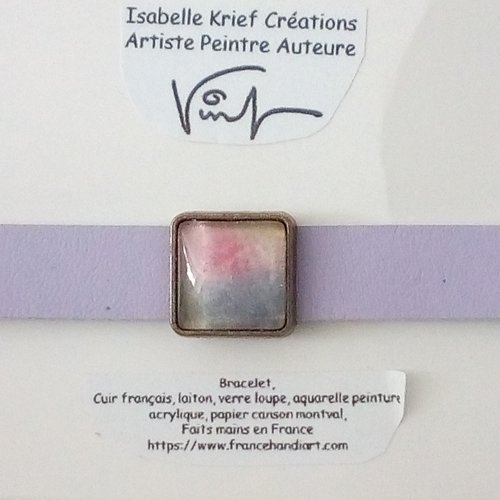 Bracelet cuir vachette francais avec cabochon en verre, aquarelle originale,fait mains en france,cadeau femme homme adolescent unisex