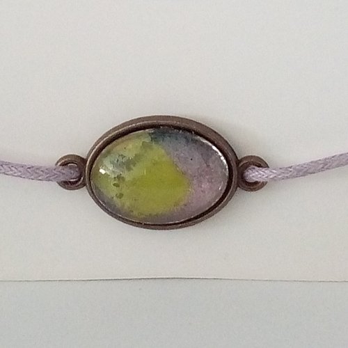 Bracelet cordon avec cabochon ovale en verre, aquarelle originale vert parme,bijou femme homme unisex,cadeau fete anniversaire noel