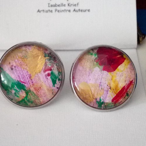 Clips d'oreilles acier 316l avec cabochons en verre, papier peinture originale, cadeau fete anniversaire noel