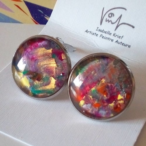 Clips d'oreilles acier 316l avec cabochons en verre, papier peinture originale, cadeau fete anniversaire noel