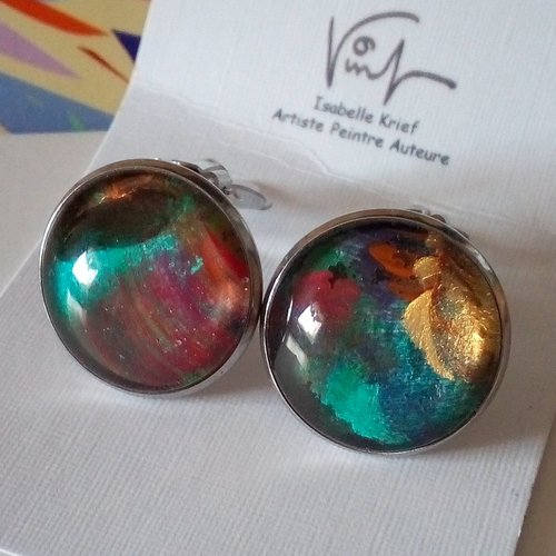 Clips oreilles acier 316l, cabochons ronds en verre, peinture originale, bleu rouge or,cadeau fete anniversaire noel