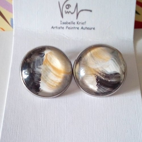 Clips oreilles acier 316l avec cabochons ronds en verre, peinture originale, blanc noir or argent,cadeau fete anniversaire noel