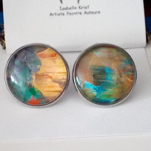 Clips oreilles acier 316l avec cabochons verre rond,peinture originale,fait mains en france,cadeau fete noel anniversaire