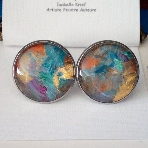 Clips oreilles acier inoxydable avec cabochons verre rond ,peinture originale,fait mains en france,cadeau fete noel anniversaire
