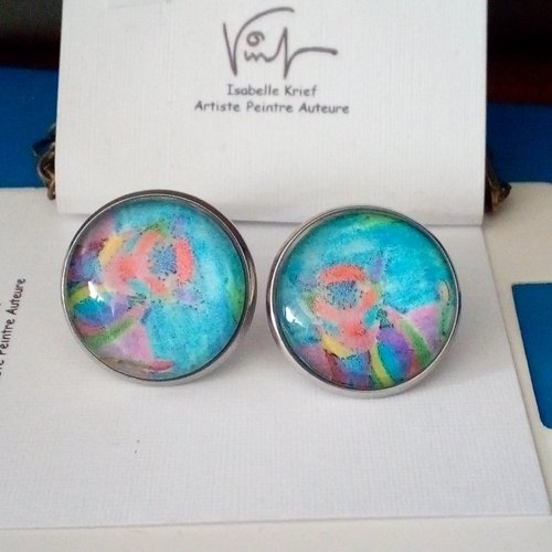 Clips oreilles acier inoxydable avec cabochons verre rond ,aquarelle,fait mains en france,cadeau fete noel anniversaire,bleu