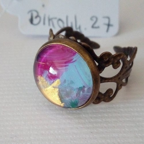 Bague peinture art contemporain abstrait,anneau ajustable filigrane victorien,cabochon en verre rond,cadeau fete anniversaire noel