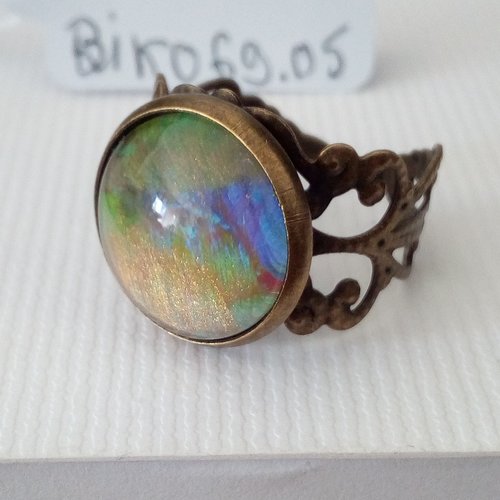 Bague peinture bleu vert or,avec cabochon en verre rond et anneau ajustable art nouveau fleuri,bijou art unique,fait mains en france