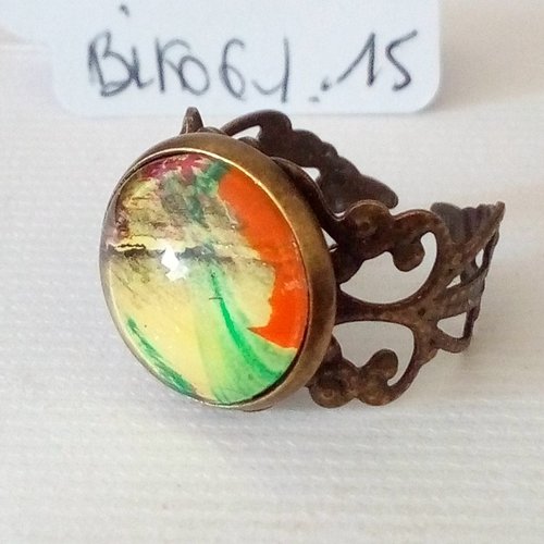 Bague peinture jaune vert orange,avec cabochon en verre rond,anneau ajustable art nouveau fleuri,bijou art unique,fait mains en france