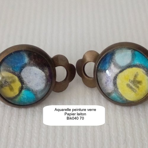 Clips d'oreilles pop art bleu jaune violet blanc,base laiton bronze,aquarelle originale,fait mains en france,cadeau fete anniversaire noel