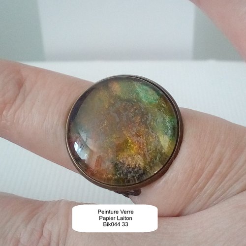 Bague, peinture art abstrait, cabochon en verre rond, marron vert rose, laiton ajustable,anneau victorien filigrane fleuri,cadeau fete