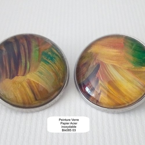 Clips d'oreilles acier inoxydable avec cabochons en verre ronds dia 20mm, peinture originales marron vert or argent
