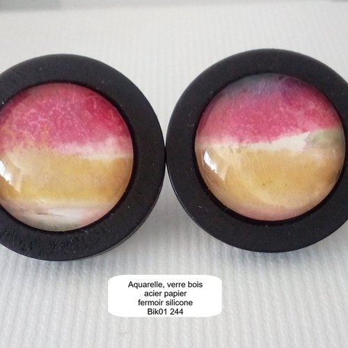 Aquarelle originale, clous d'oreilles puces acier inoxydable avec cabochons en verre rond,rose jaune noir argent,bois