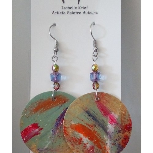 Boucles oreilles pendantes rondes en papier solidifie,peinture originale, perles de verre de boheme tcheque,crochets acier inoxydable