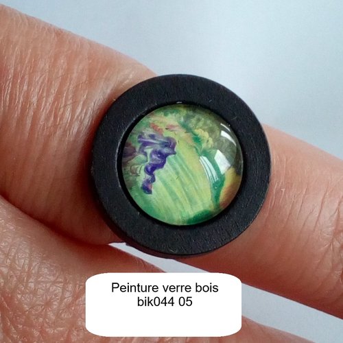 Bague ajustable avec cabochon en verre rond, peinture vert violet, fleuri printemps boheme poetique,bois noir, anneau argente aju
